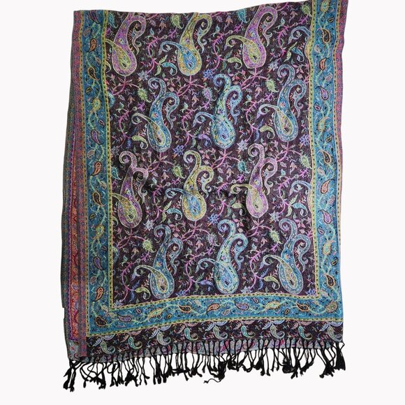 Cashmere Paisley Scarf Shawl With Fringe Multicolor 74" X 26" From Jerusalem - Picture 6 of 9